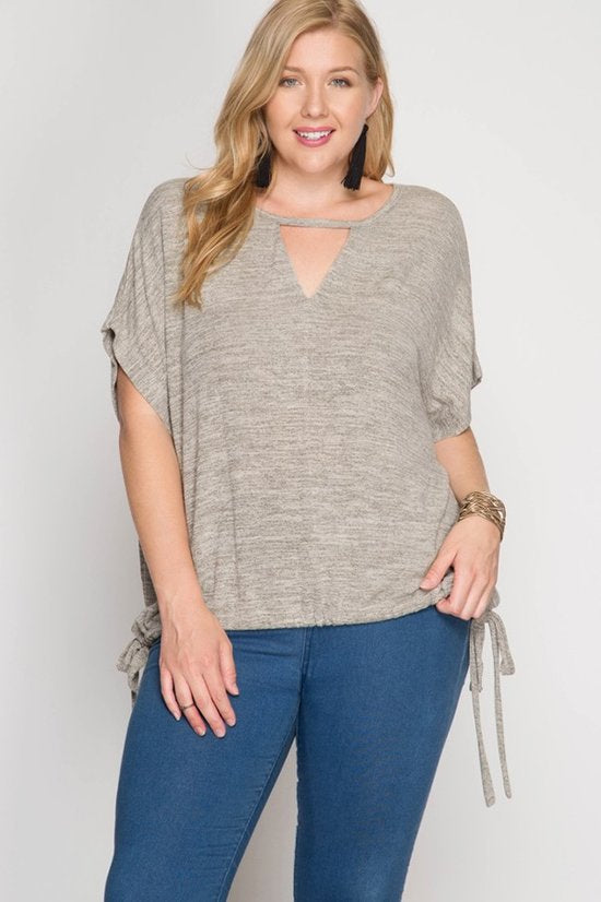 Drop Shoulder Two Tone Curvy Top with Keyhole Accent at Neckline and Drawstring Hemline. Color: Oatmeal