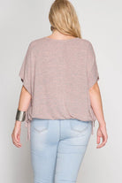 Drop Shoulder Two Tone Curvy Top with Keyhole Accent at Neckline and Drawstring Hemline. Color: Oatmeal