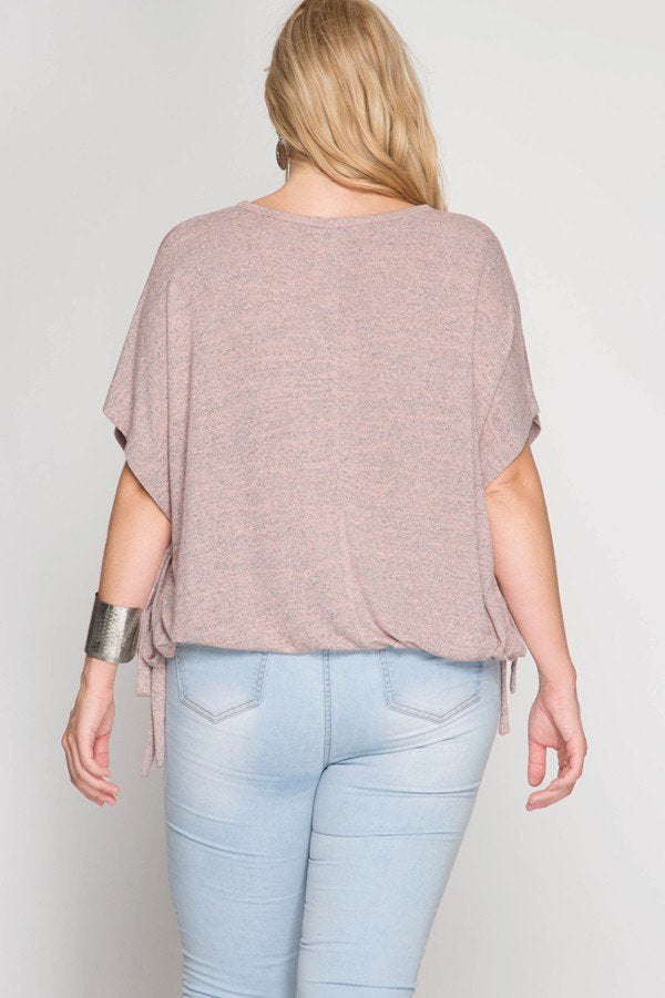 Drop Shoulder Two Tone Curvy Top with Keyhole Accent at Neckline and Drawstring Hemline. Color: Oatmeal