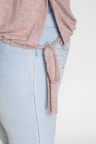 Drop Shoulder Two Tone Curvy Top with Keyhole Accent at Neckline and Drawstring Hemline. Color: Oatmeal