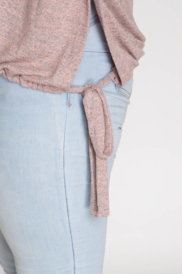 Drop Shoulder Two Tone Curvy Top with Keyhole Accent at Neckline and Drawstring Hemline. Color: Oatmeal