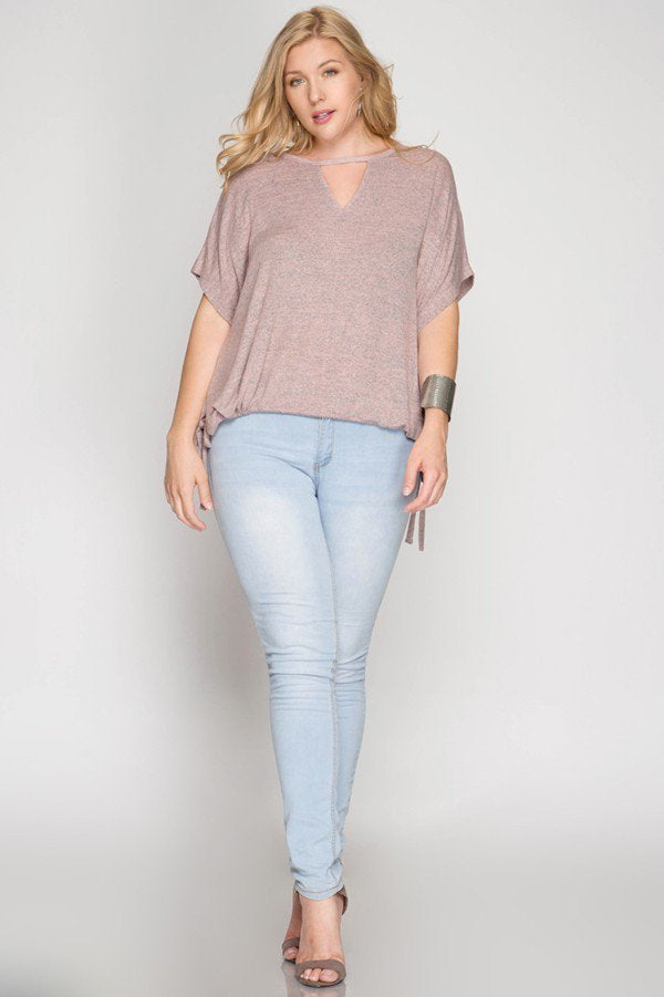 Drop Shoulder Two Tone Curvy Top with Keyhole Accent at Neckline and Drawstring Hemline. Color: Oatmeal