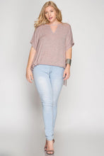 Drop Shoulder Two Tone Curvy Top With Keyhole at Neckline and Drawstring Hemline