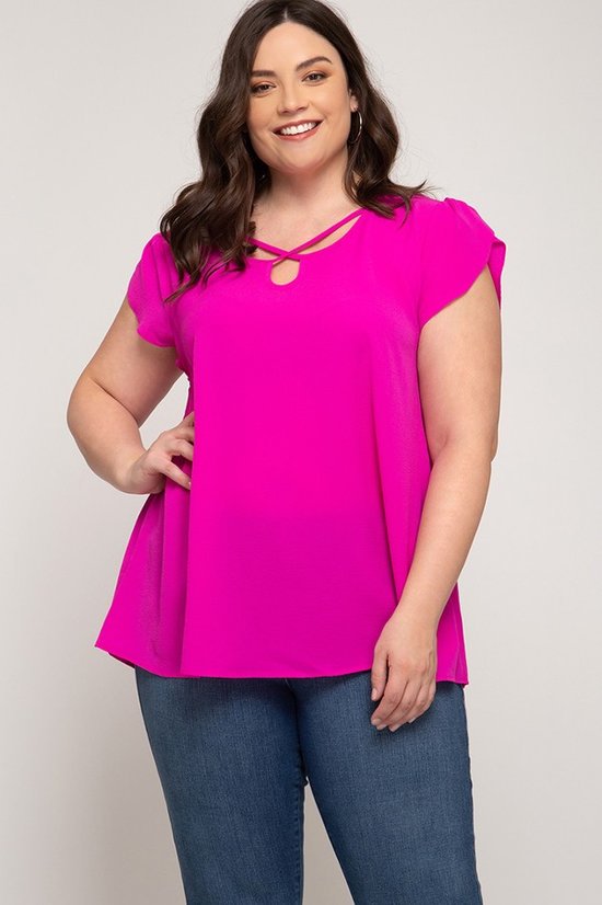 Tulip Shaped Cap Sleeve Woven Curvy Top with Crisscross Front Detail