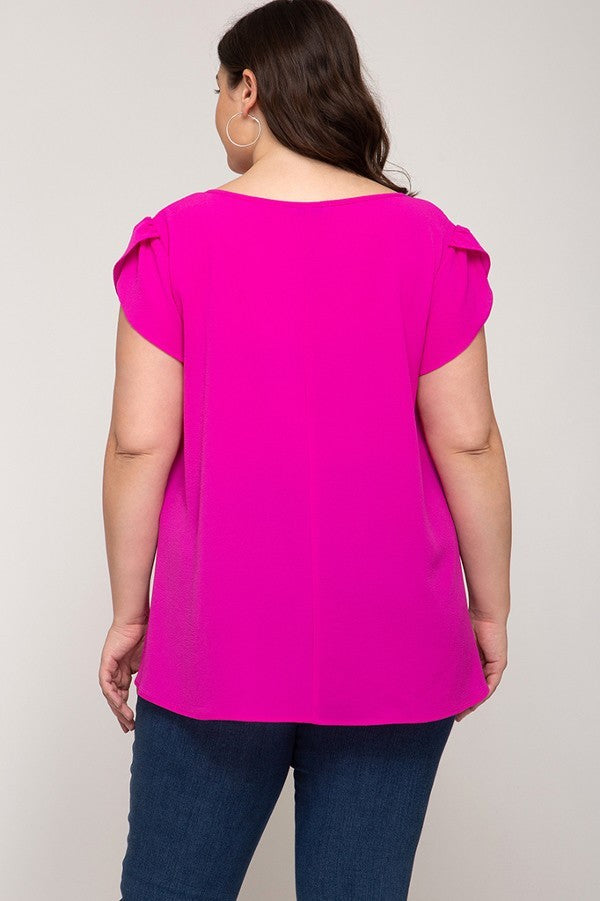 Tulip Shaped Cap Sleeve Woven Curvy Top with Crisscross Front Detail