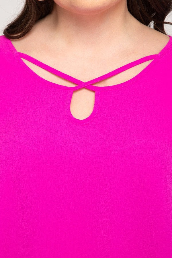 Tulip Shaped Cap Sleeve Woven Curvy Top with Crisscross Front Detail