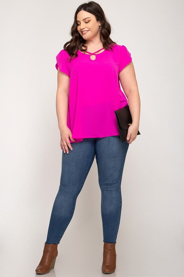 Tulip Shaped Cap Sleeve Woven Curvy Top with Crisscross Front Detail