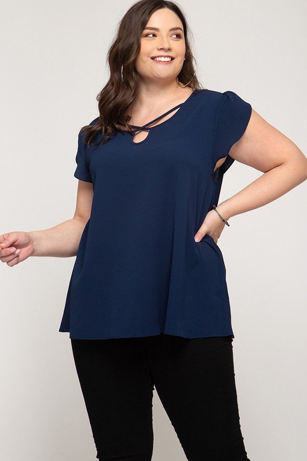 Navy Tulip Shaped Cap Sleeve Woven Curvy Top with Crisscross Front Detail