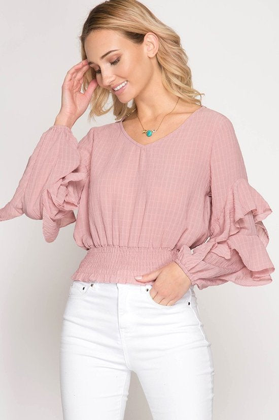 Rose Pink Long Sleeve Textured Top with Waist Elastic Smocking and Ruffle Sleeves