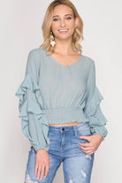 Rose Pink Long Sleeve Textured Top with Waist Elastic Smocking and Ruffle Sleeves