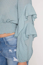 Rose Pink Long Sleeve Textured Top with Waist Elastic Smocking and Ruffle Sleeves