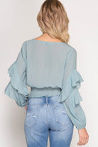 Rose Pink Long Sleeve Textured Top with Waist Elastic Smocking and Ruffle Sleeves
