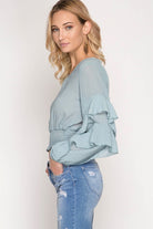 Rose Pink Long Sleeve Textured Top with Waist Elastic Smocking and Ruffle Sleeves