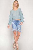 Rose Pink Long Sleeve Textured Top with Waist Elastic Smocking and Ruffle Sleeves