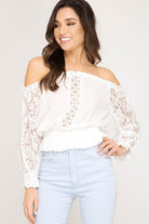 White Off Shoulder Smocked Long Sleeve Top with Lace Detail