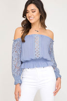 White Off Shoulder Smocked Long Sleeve Top with Lace Detail