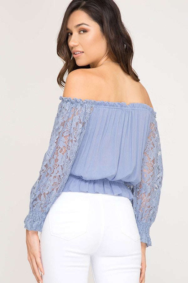 White Off Shoulder Smocked Long Sleeve Top with Lace Detail