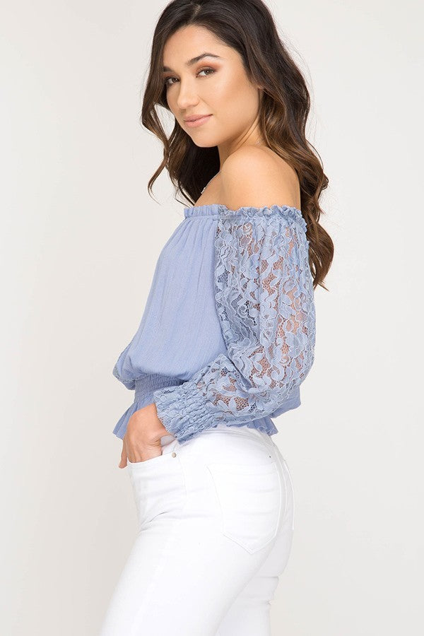 White Off Shoulder Smocked Long Sleeve Top with Lace Detail