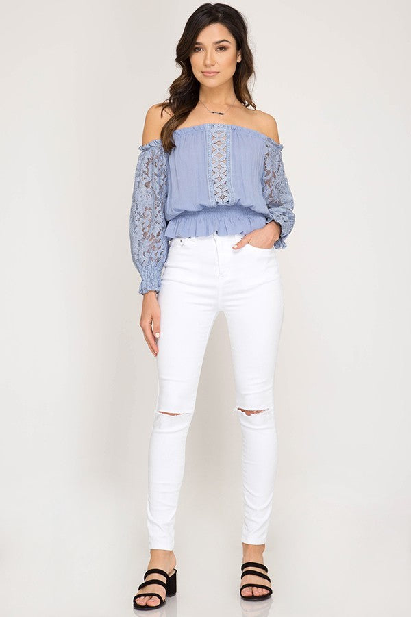 White Off Shoulder Smocked Long Sleeve Top with Lace Detail