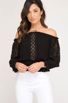 Black Off Shoulder Smocked Long Sleeve Top With Lace Detail