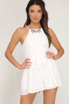 Off White Cami Romper with Front Tie Detail