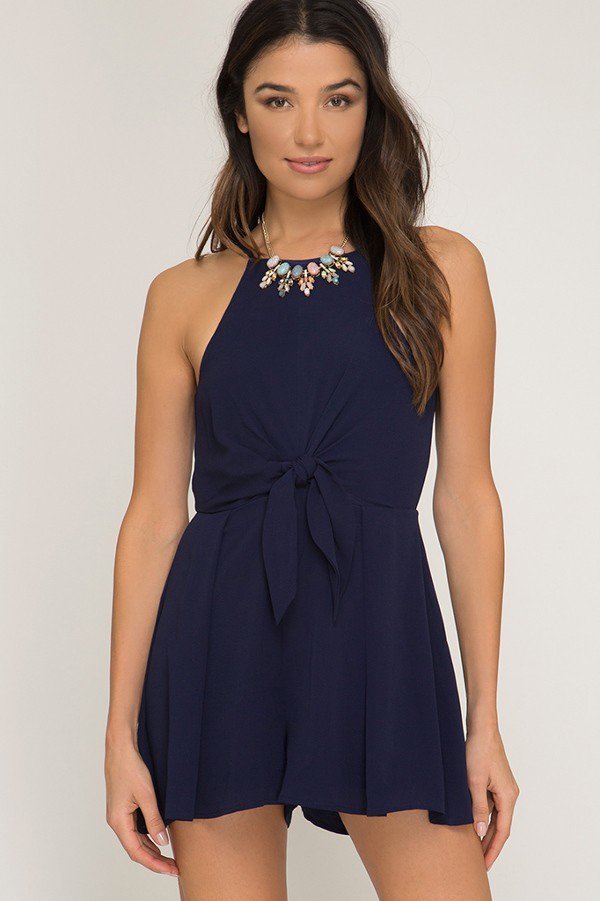 Navy Cami Romper with Front Tie Detail