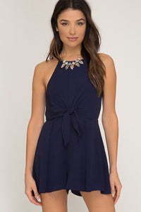Navy Cami Romper With Front Tie Detail