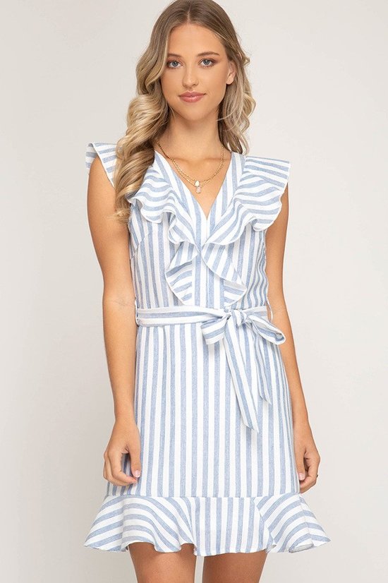 Grey & White Ruffled Striped Woven Dress with Lining and Waist Sash