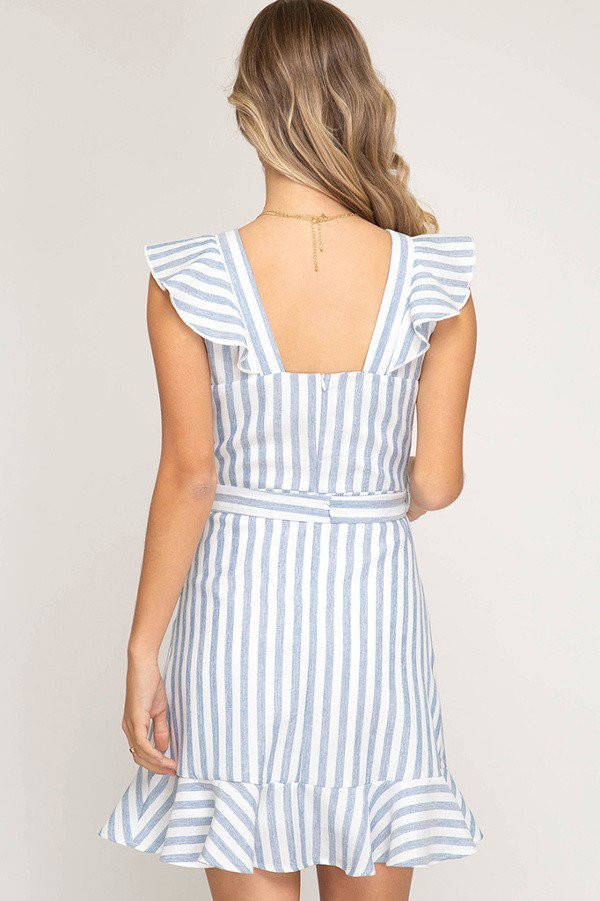 Grey & White Ruffled Striped Woven Dress with Lining and Waist Sash