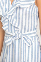 Grey & White Ruffled Striped Woven Dress with Lining and Waist Sash
