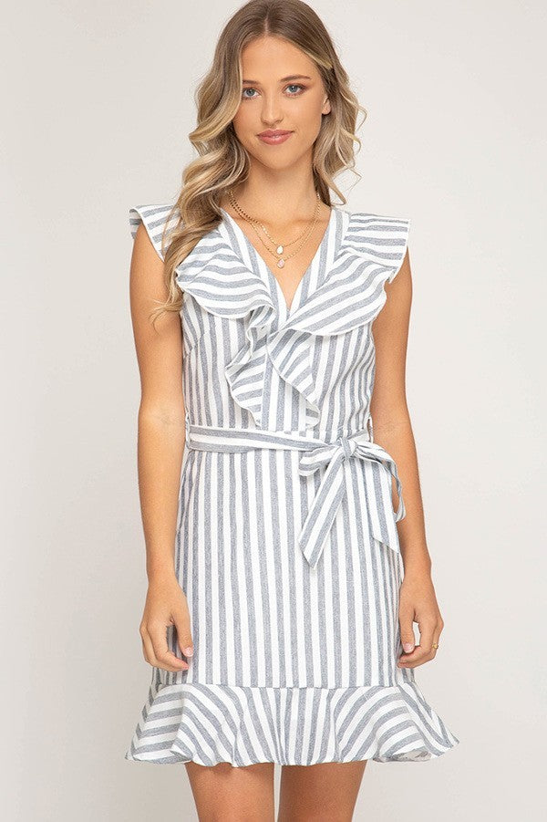 Grey & White Ruffled Striped Woven Dress with Lining and Waist Sash