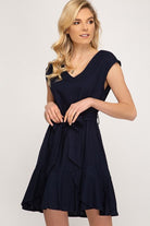 Navy Drop Shoulder V-Neck Woven Dress with Flounce Hem and Waist Sash
