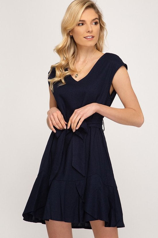 Navy Drop Shoulder V-Neck Woven Dress with Flounce Hem and Waist Sash