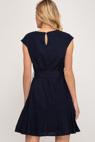 Navy Drop Shoulder V-Neck Woven Dress with Flounce Hem and Waist Sash