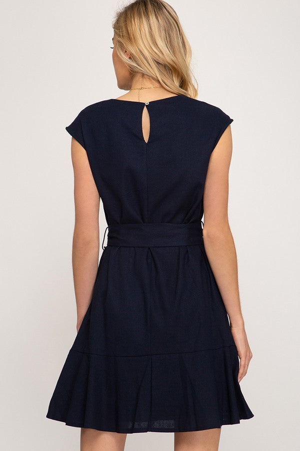 Navy Drop Shoulder V-Neck Woven Dress with Flounce Hem and Waist Sash