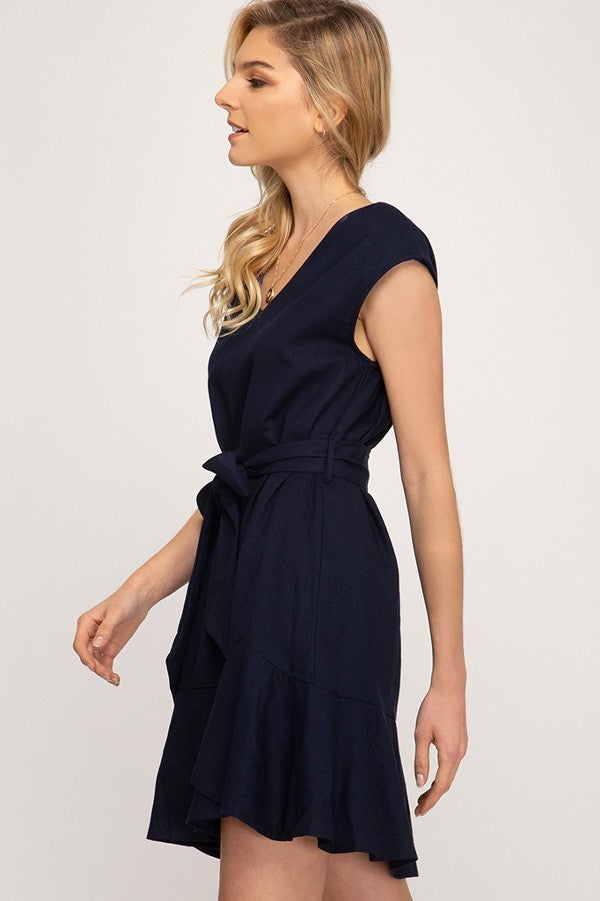 Navy Drop Shoulder V-Neck Woven Dress with Flounce Hem and Waist Sash