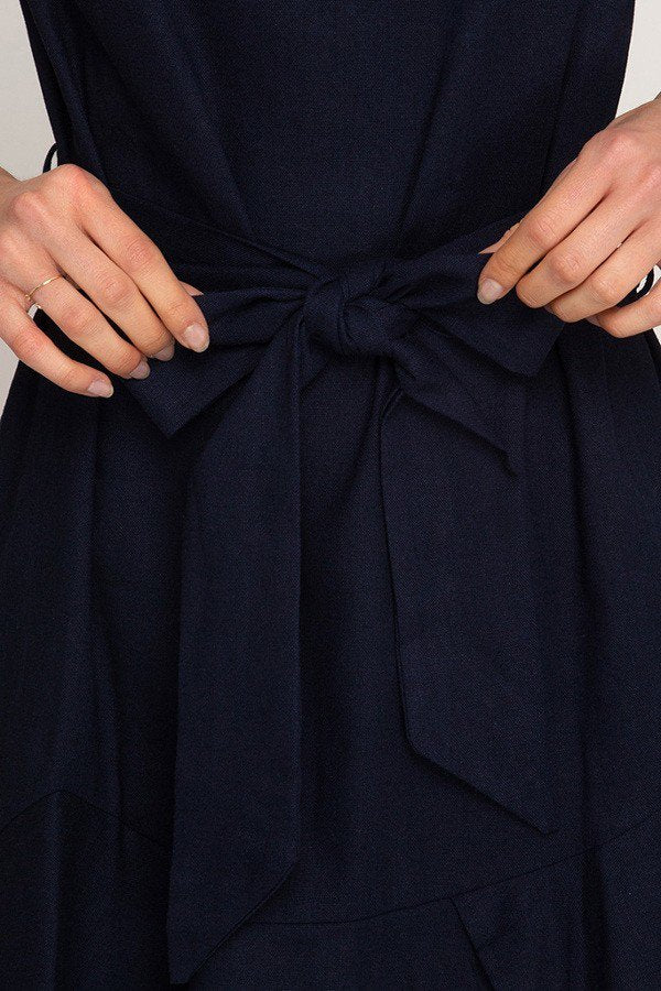 Navy Drop Shoulder V-Neck Woven Dress with Flounce Hem and Waist Sash