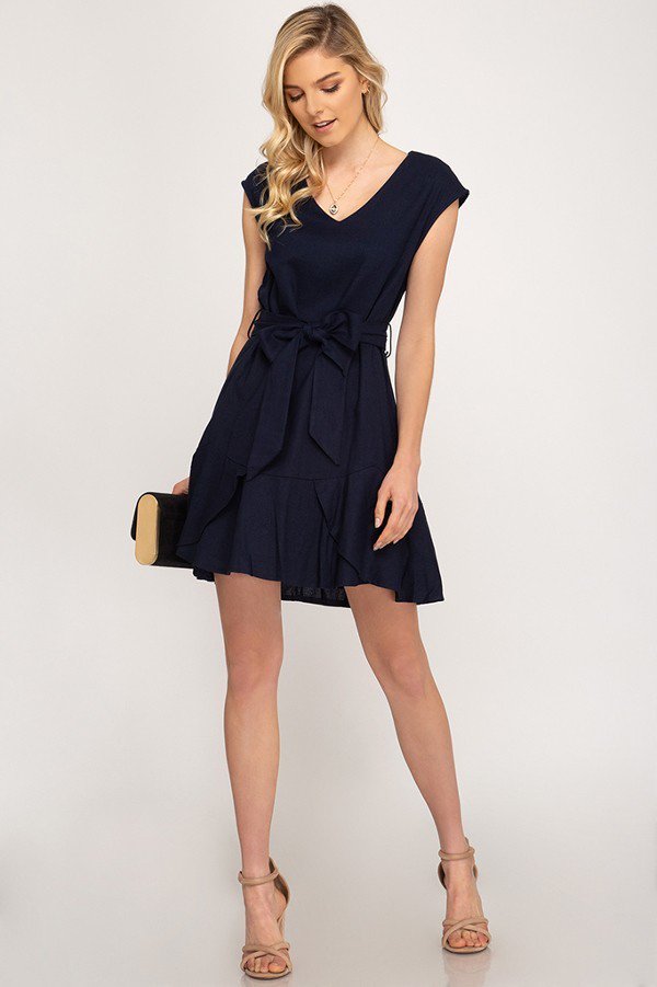 Navy Drop Shoulder V-Neck Woven Dress with Flounce Hem and Waist Sash