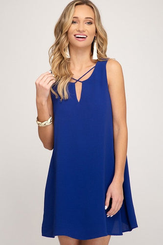 Royal Blue Sleeveless Lined Short Dress With Crisscross Neck Detail