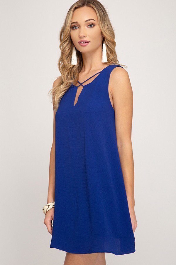 Royal Blue Sleeveless Lined Short Dress with Crisscross Neck Detail, midi length.