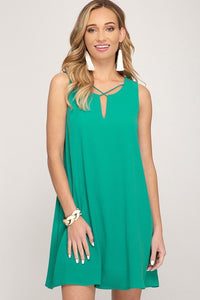 Jade Green Sleeveless Lined Dress With Crisscross Neck Detail