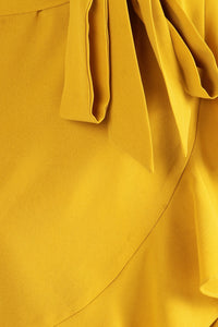 Mustard Ruffled Chiffon Dress With Wrapped Hem And Tie Waist