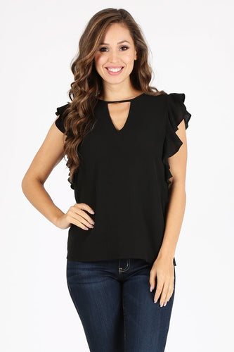 Black waist length top in a relaxed fit with a crew neckline, front keyhole, ruffled short sleeves, and back keyhole with a button closure.