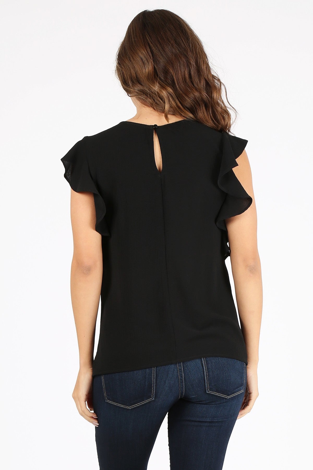Black waist length top in a relaxed fit with a crew neckline, front keyhole, ruffled short sleeves, and back keyhole with a button closure.