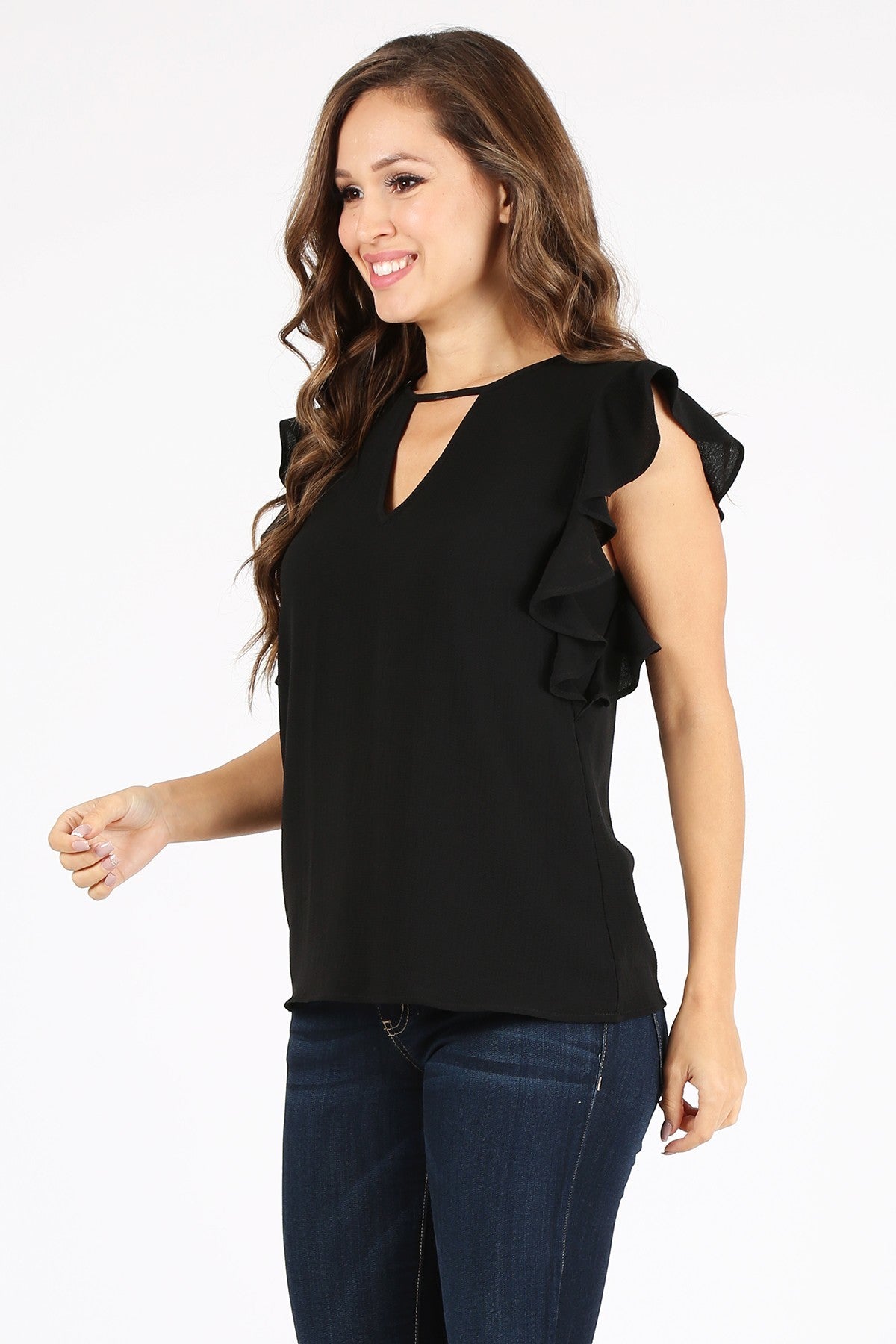 Black waist length top in a relaxed fit with a crew neckline, front keyhole, ruffled short sleeves, and back keyhole with a button closure.