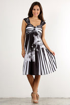 "Hello Gorgeous!" Black & White Floral Stripe Printed A-Line Dress With Sweetheart Neckline