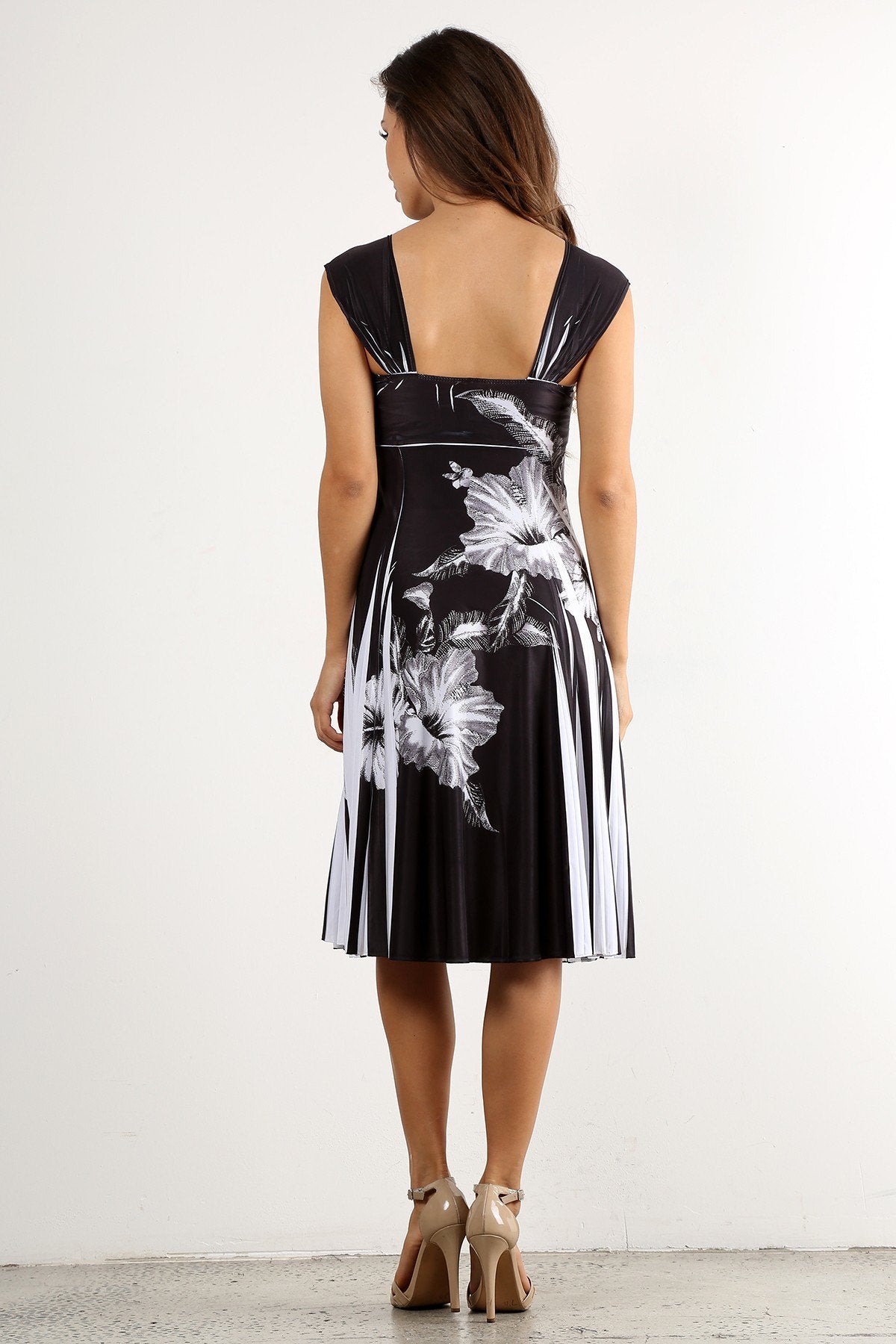 "Hello Gorgeous!" Black & White Floral Stripe Printed A-Line Dress With Sweetheart Neckline