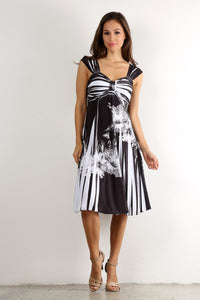 "Hello Gorgeous!" Black & White Floral Stripe Printed A-Line Dress With Sweetheart Neckline