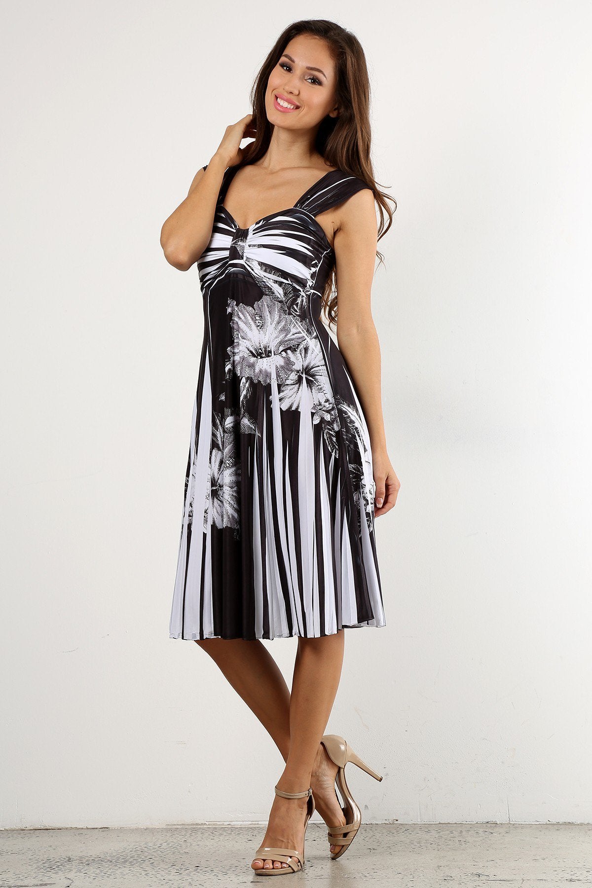 "Hello Gorgeous!" Black & White Floral Stripe Printed A-Line Dress With Sweetheart Neckline