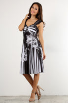 "Hello Gorgeous!" Black & White Floral Stripe Printed A-Line Dress With Sweetheart Neckline